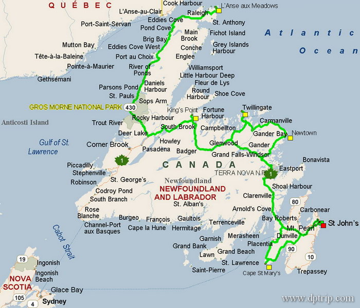 02_map001 我们一行五人,从St John's沿TCH#1由东向西,经Terra Nova National Park, Gros Morne National Park, 无数渔村,北上至岛最北端L'Anse aux Meadows, 然后返回.全程行驶约1600km, 八天.